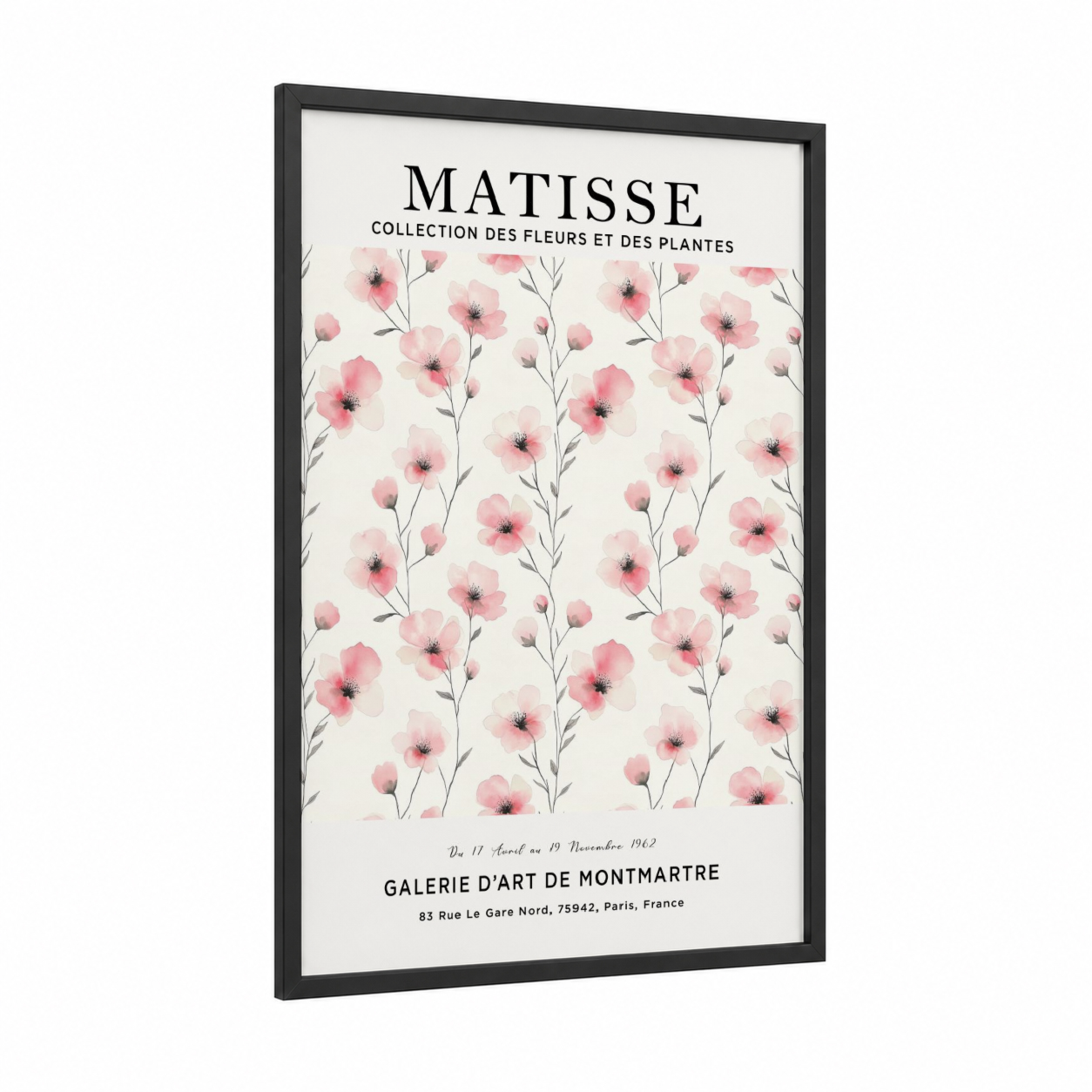 Pink Matisse Florals framed abstract flower print — black wood frame — pink and cream palette