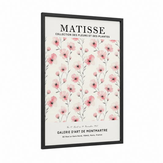 Pink Matisse Florals framed abstract flower print — black wood frame — pink and cream palette