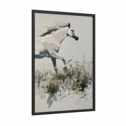 Galloping Freedom framed thoroughbred horse print — black wood frame — white and sage green palette
