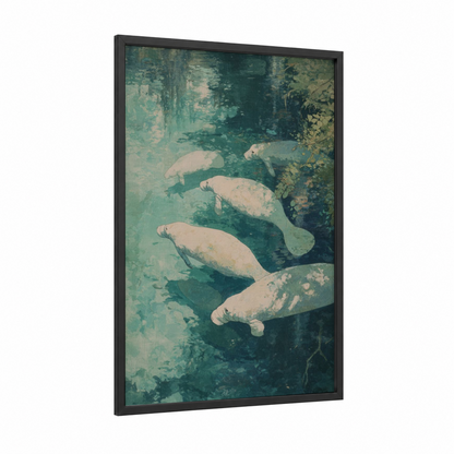 Peaceful Manatees framed art print — black wood frame — teal and cream palette