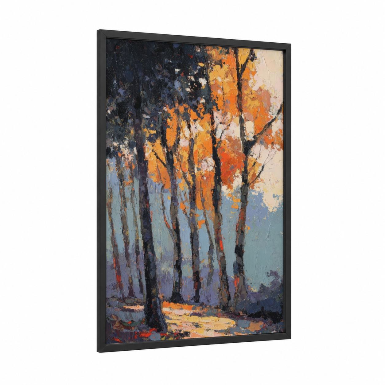 Golden Banyan Grove framed banyan tree print — black wood frame — gold and blue palette