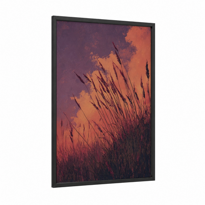 Sunset Grass framed art print — black wood frame — orange and maroon palette