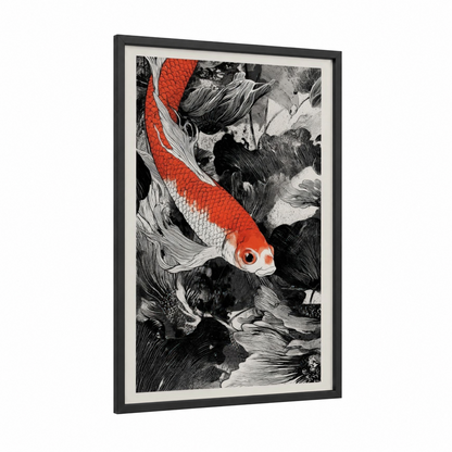 Scarlet Koi Dream framed goldfish print — black wood frame — black and white and red palette