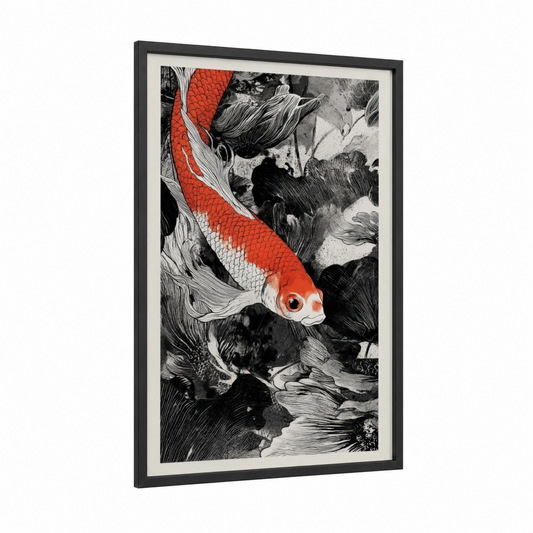 Scarlet Koi Dream framed goldfish print — black wood frame — black and white and red palette