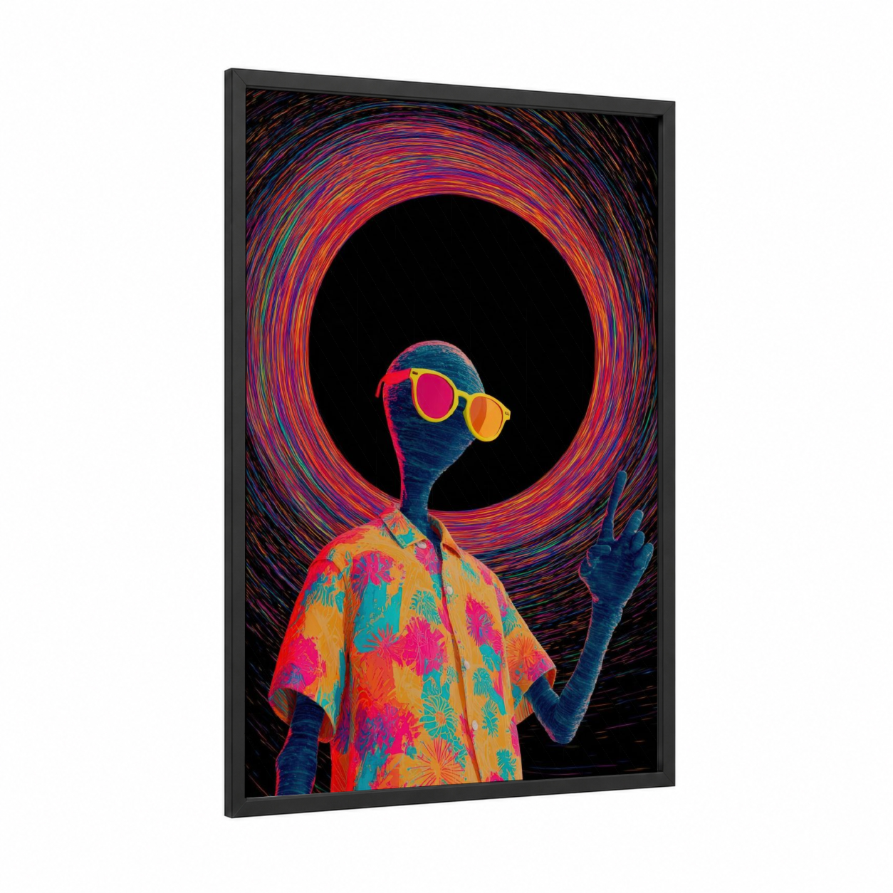 Neon Traveler framed extraterrestrial print — black wood frame — magenta and orange palette