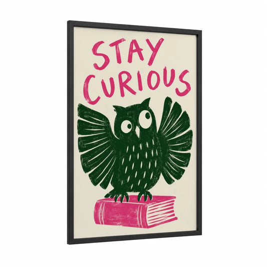 Curious Owl Reading Book Wall Art framed art print — black wood frame — pink and true green palette