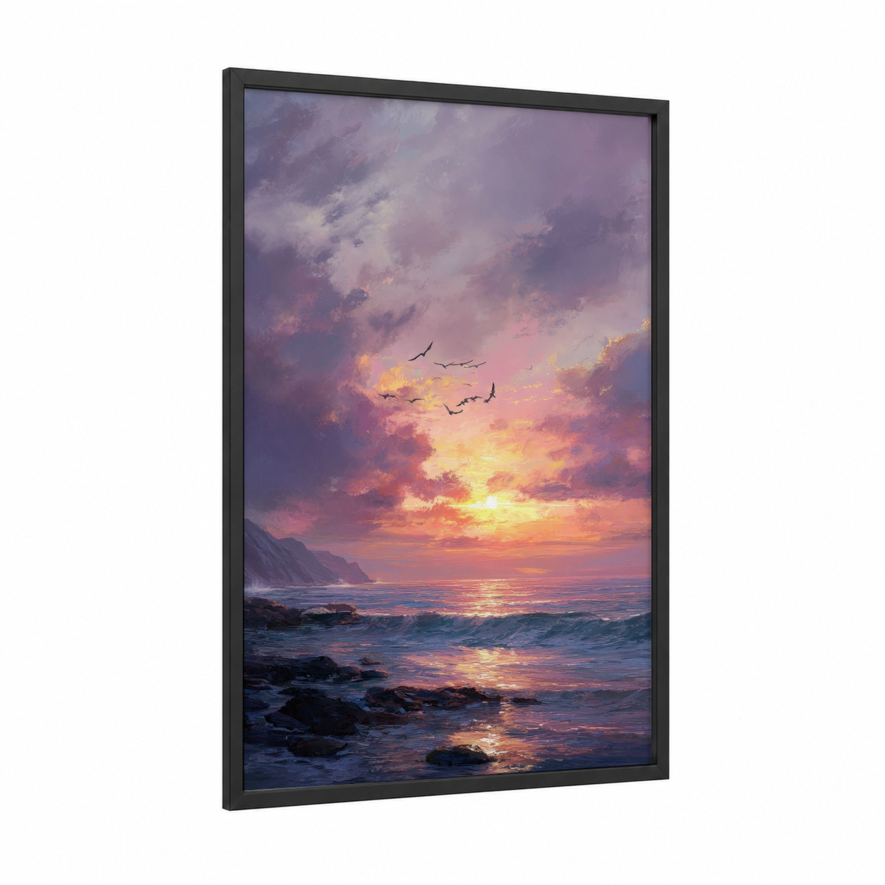 Golden Coastal Sunset framed art print — black wood frame — gold and pink palette
