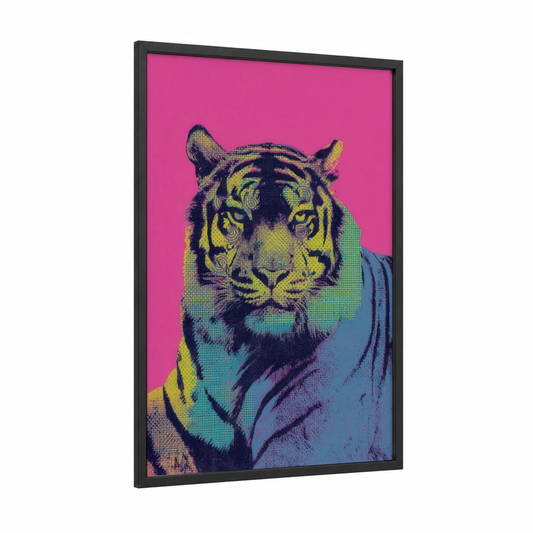 Neon Tiger framed art print — black wood frame — magenta and yellow gold palette