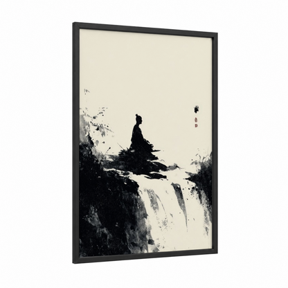 Contemplative Elf framed art print — black wood frame — black and white and gray palette