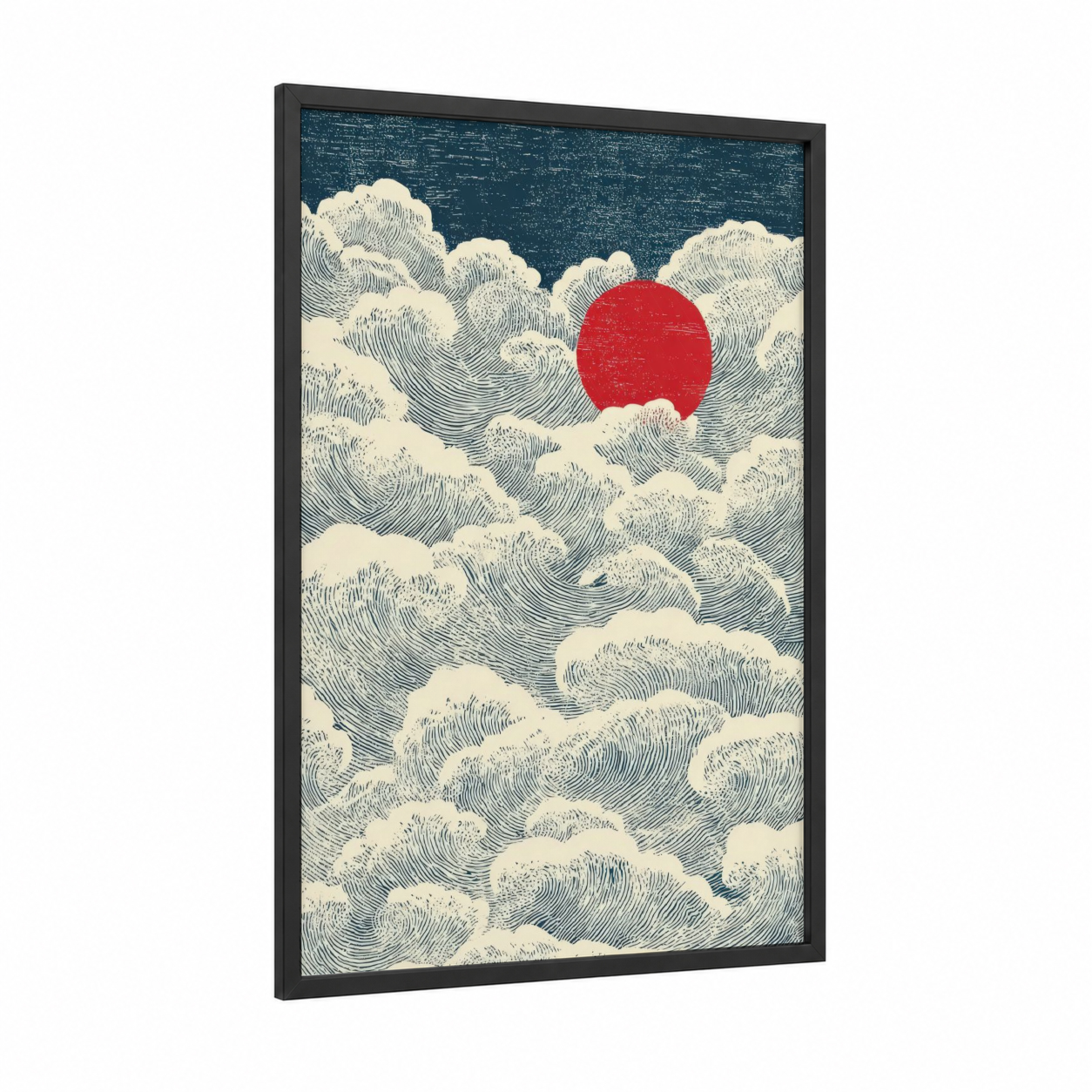 Crimson Galaxy Rise framed art print — black wood frame — dark blue and red palette