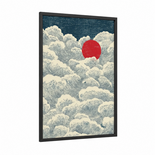 Crimson Galaxy Rise framed art print — black wood frame — dark blue and red palette