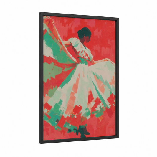 Festive Dancer framed cinco de mayo print — black wood frame — red and green palette