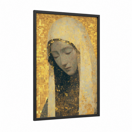 Golden Virgin framed virgin mary print — black wood frame — gold and cream palette