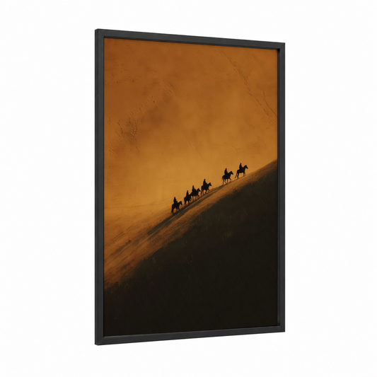 Desert Caravan framed horseback print — black wood frame — gold and orange palette