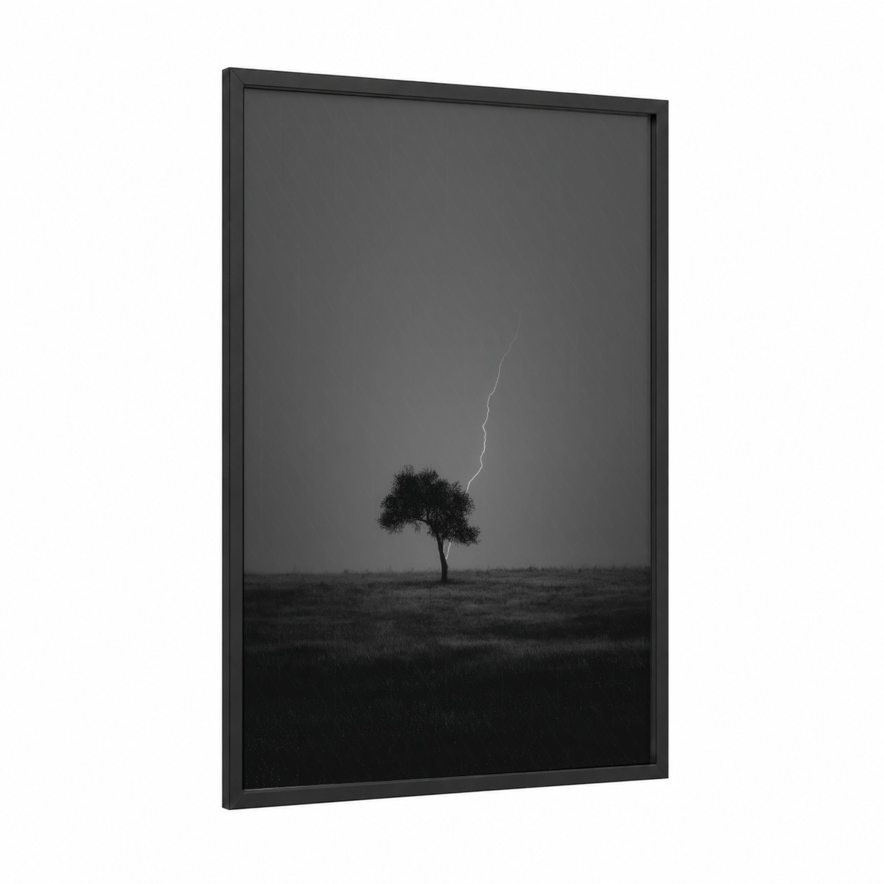 Solitary Storm framed lightning print — black wood frame — black and white palette