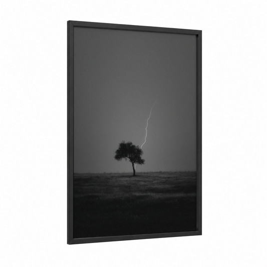 Solitary Storm framed lightning print — black wood frame — black and white palette