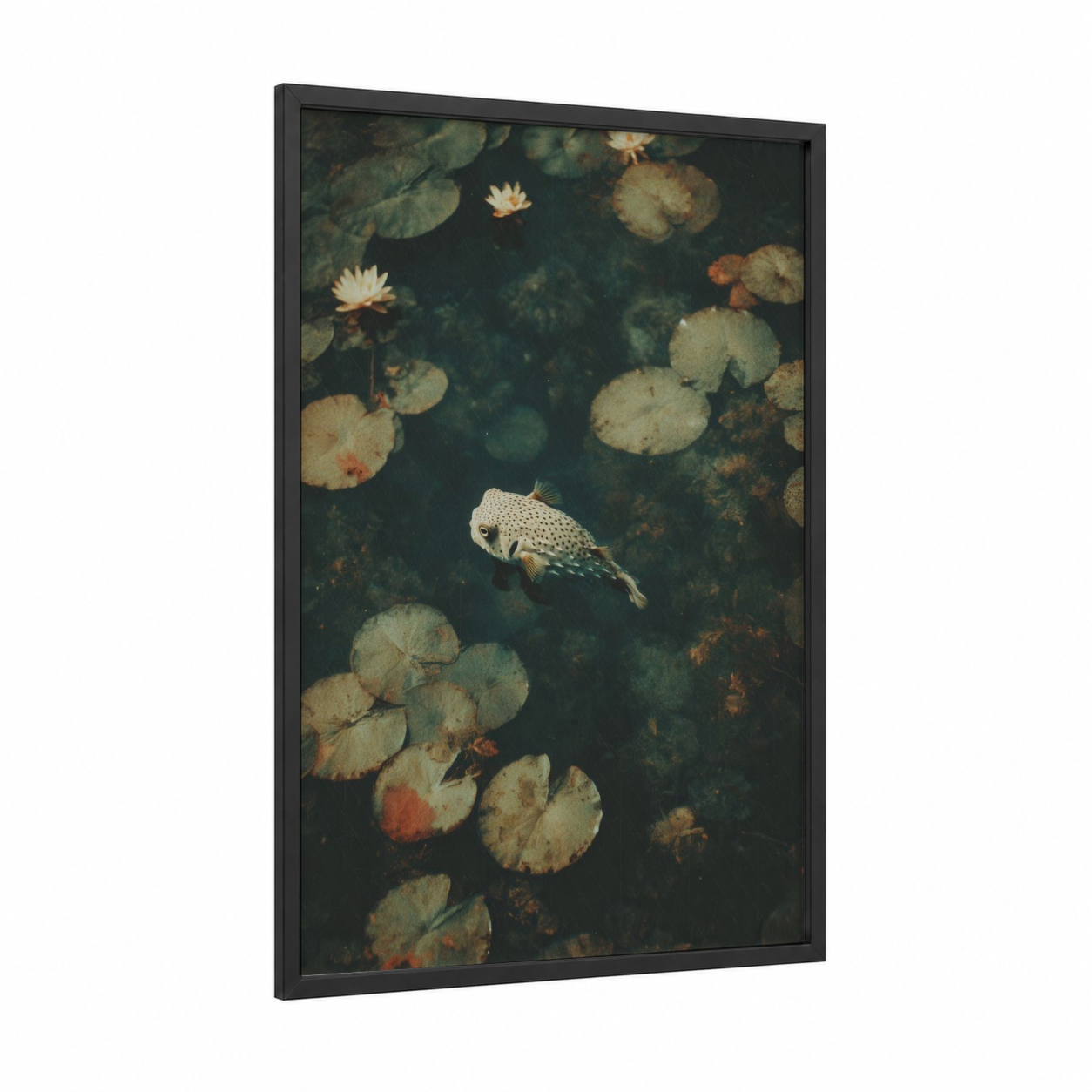 Lily Pad Puffer framed puffer fish print — black wood frame — dark green and cream palette