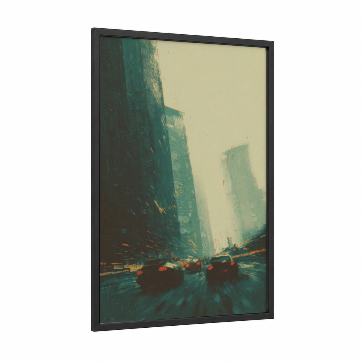 Neon City Rush framed sci-fi print — black wood frame — teal and yellow gold palette