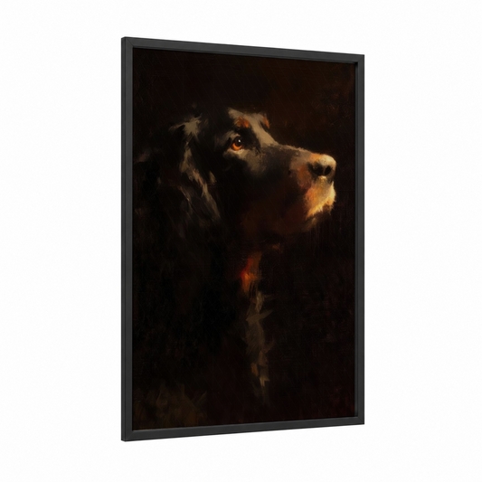 Noble Setter Portrait framed art print — black wood frame — black and gold palette
