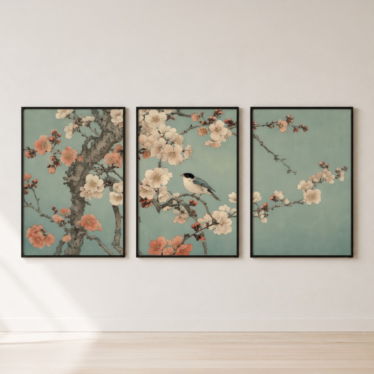 Cherry Blossom Bird Triptych Wall Art Set — set hero