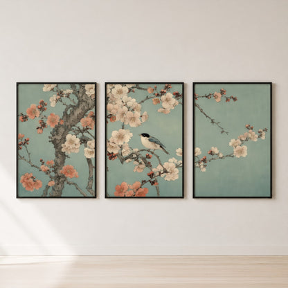 Cherry Blossom Bird Triptych Wall Art Set — set hero