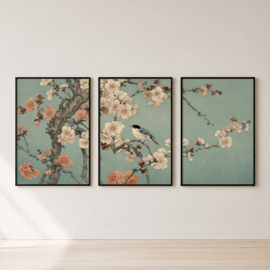 Cherry Blossom Bird Triptych Wall Art Set — set hero