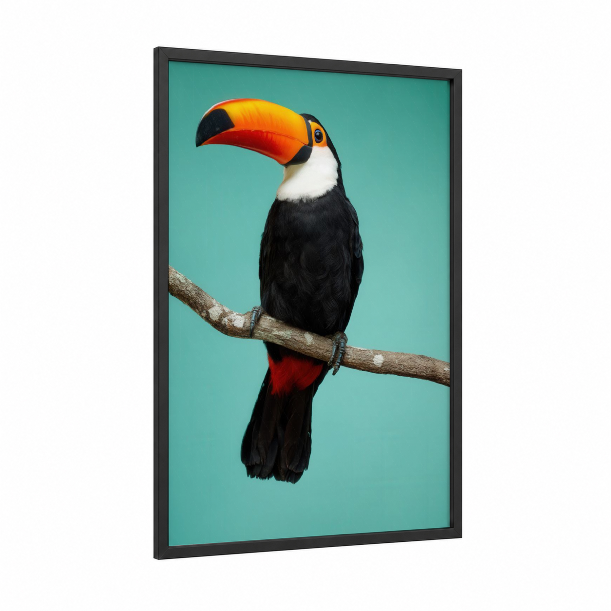 Toucan Perched framed art print — black wood frame — teal and gold palette