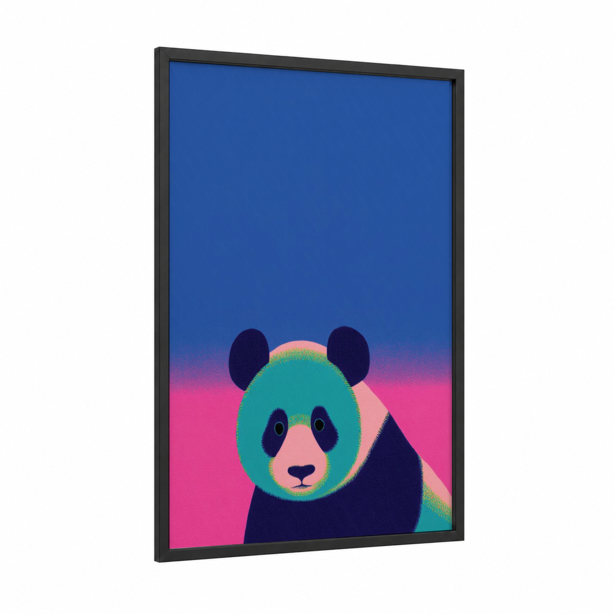 Neon Panda framed art print — black wood frame — blue and magenta palette