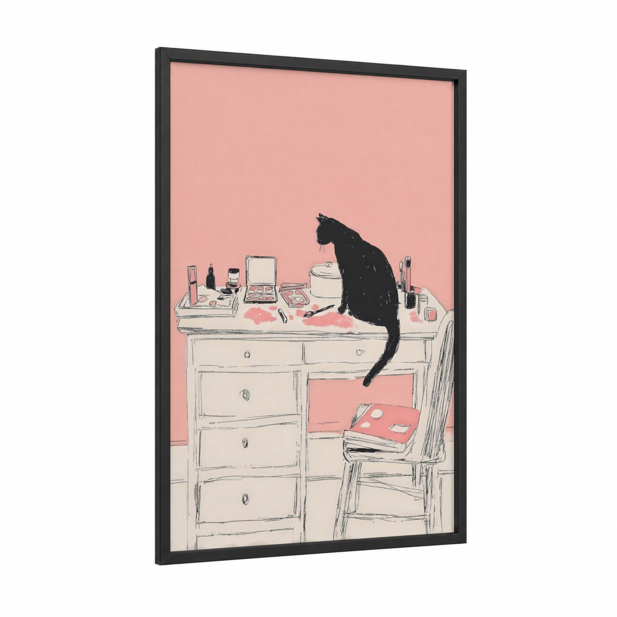 Makeup Artist Cat framed make up print — black wood frame — peach and black and white palette