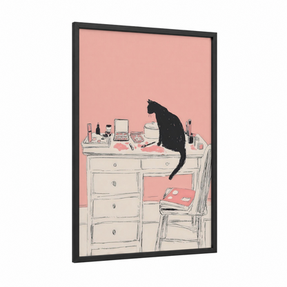 Makeup Artist Cat framed make up print — black wood frame — peach and black and white palette