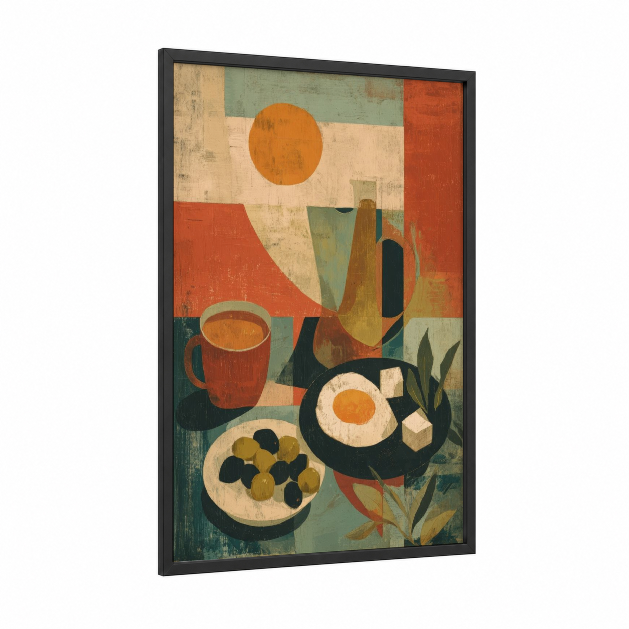Warm Breakfast Moment framed art print — black wood frame — orange and cream palette