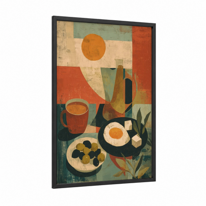 Warm Breakfast Moment framed art print — black wood frame — orange and cream palette