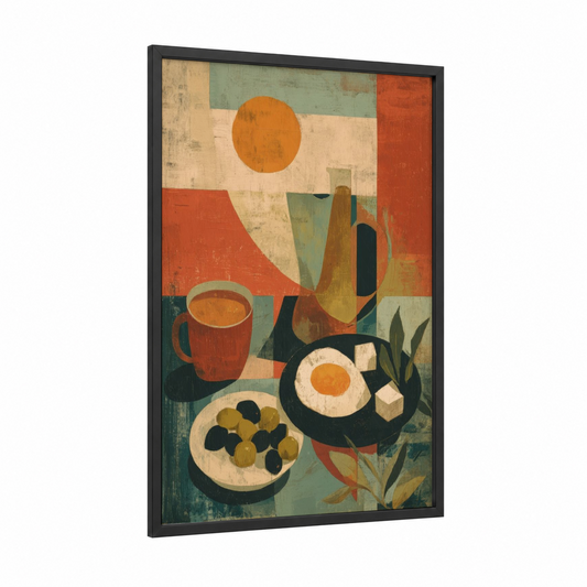 Warm Breakfast Moment framed art print — black wood frame — orange and cream palette