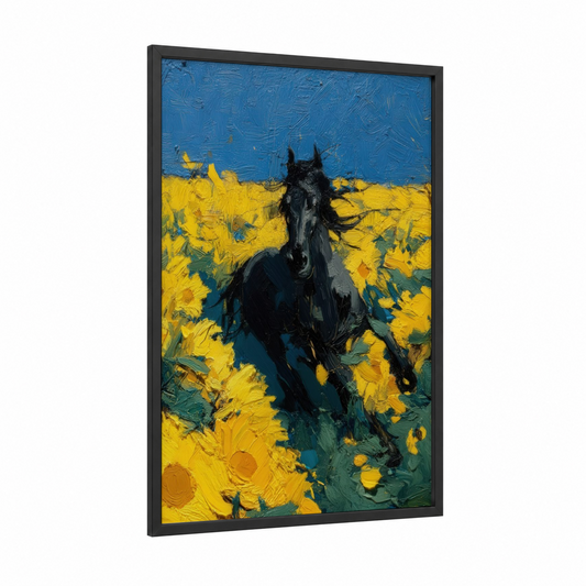 Sunflower Friesian framed friesian horse print — black wood frame — yellow gold and blue palette