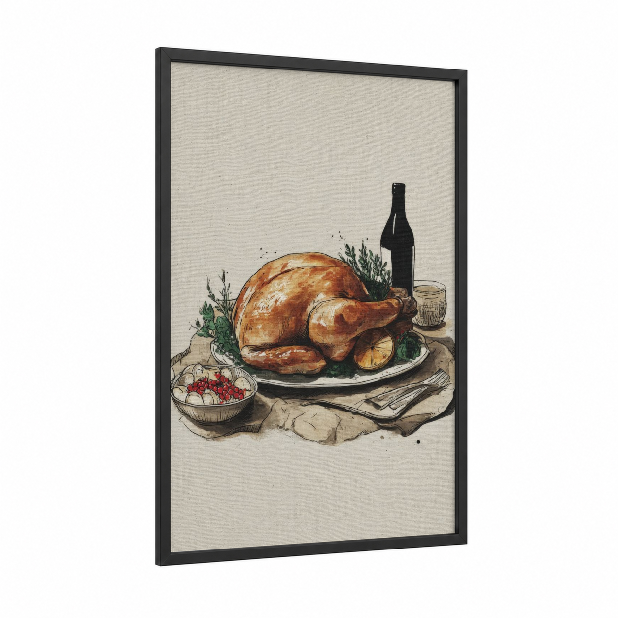 Roasted Poultry Feast framed art print — black wood frame — cream and russet palette