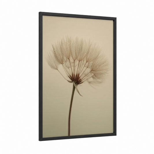 Delicate Dandelion framed art print — black wood frame — beige and brown palette