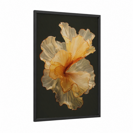 Golden Hibiscus framed art print — black wood frame — gold and black palette