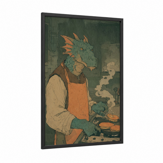 Cooking Dragon framed art print — black wood frame — dark green and orange palette