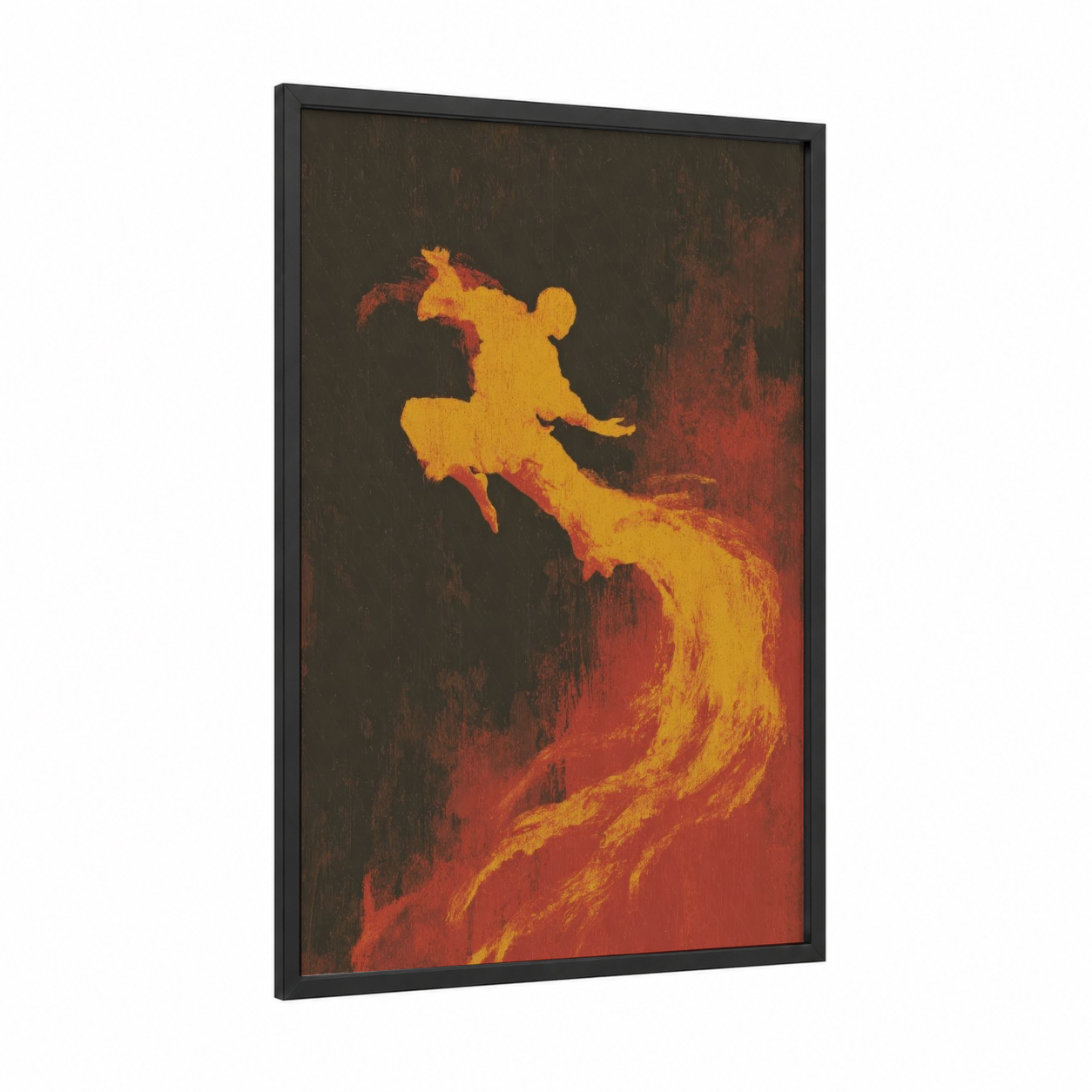 Fiery Taekwondo Warrior framed art print — black wood frame — gold and red palette