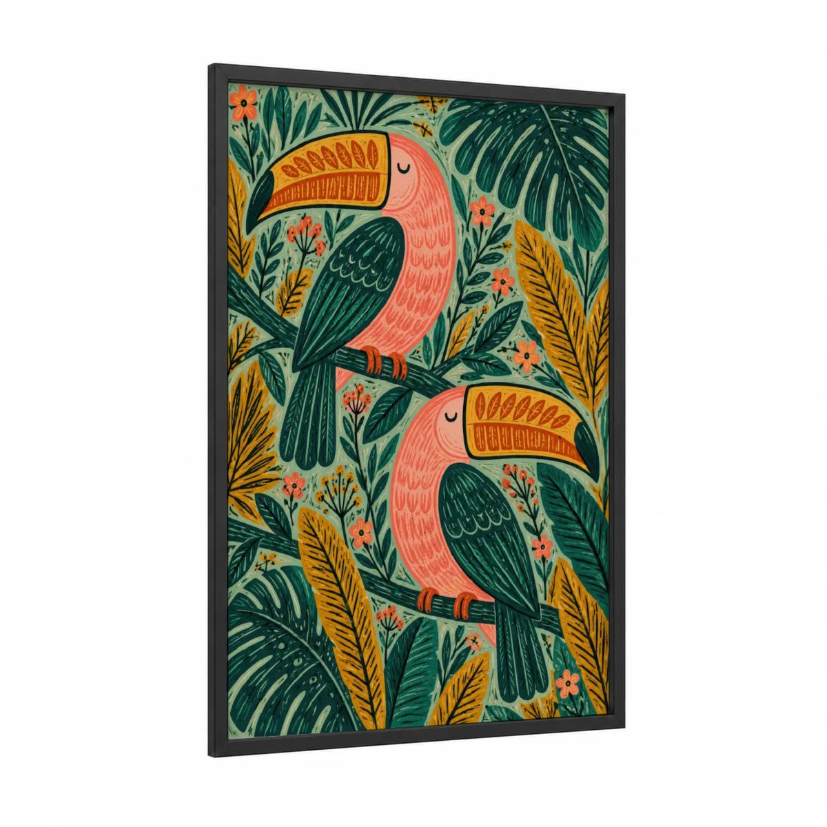 Tropical Toucan In Jungle Foliage Wall Art framed art print — black wood frame — teal and peach palette