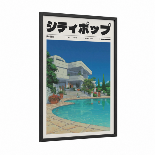 Minimalist Poolside framed anime and manga print — black wood frame — blue and turquoise palette