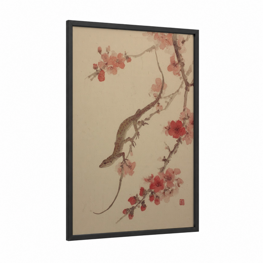 Cherry Blossom Lizard framed art print — black wood frame — salmon pink and beige palette