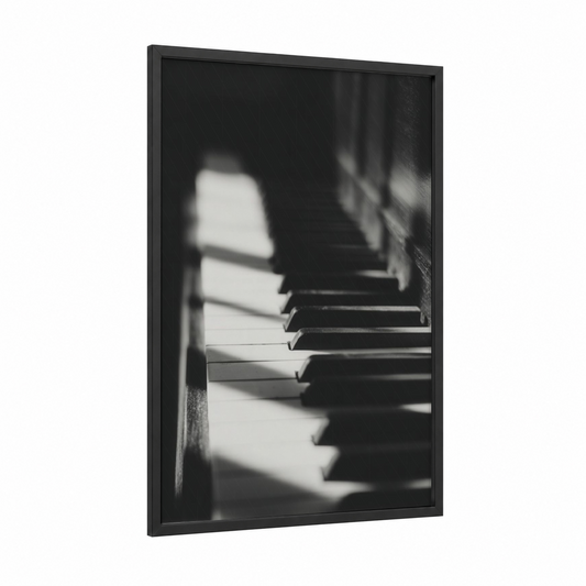Sunlit Piano Keys framed art print — black wood frame — black and white palette