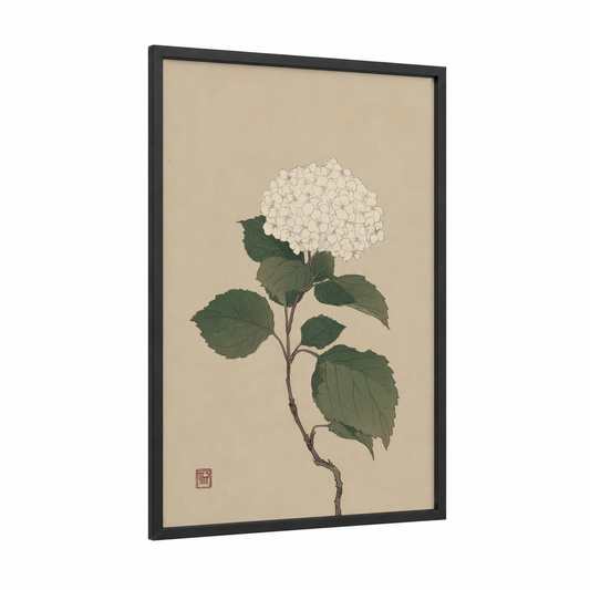 Cream Hydrangea framed art print — black wood frame — cream and dark green palette