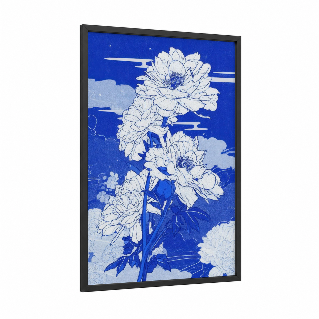 Cobalt Peony Dream framed abstract flower print — black wood frame — blue and white palette