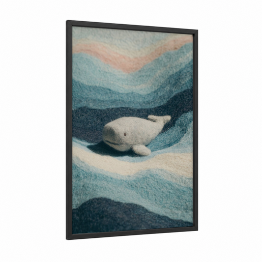 Arctic Whale Sanctuary framed gray whale print — black wood frame — blue and white and sage green palette