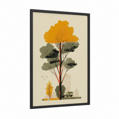 Golden Kauri framed kauri tree print — black wood frame — gold and sage green palette