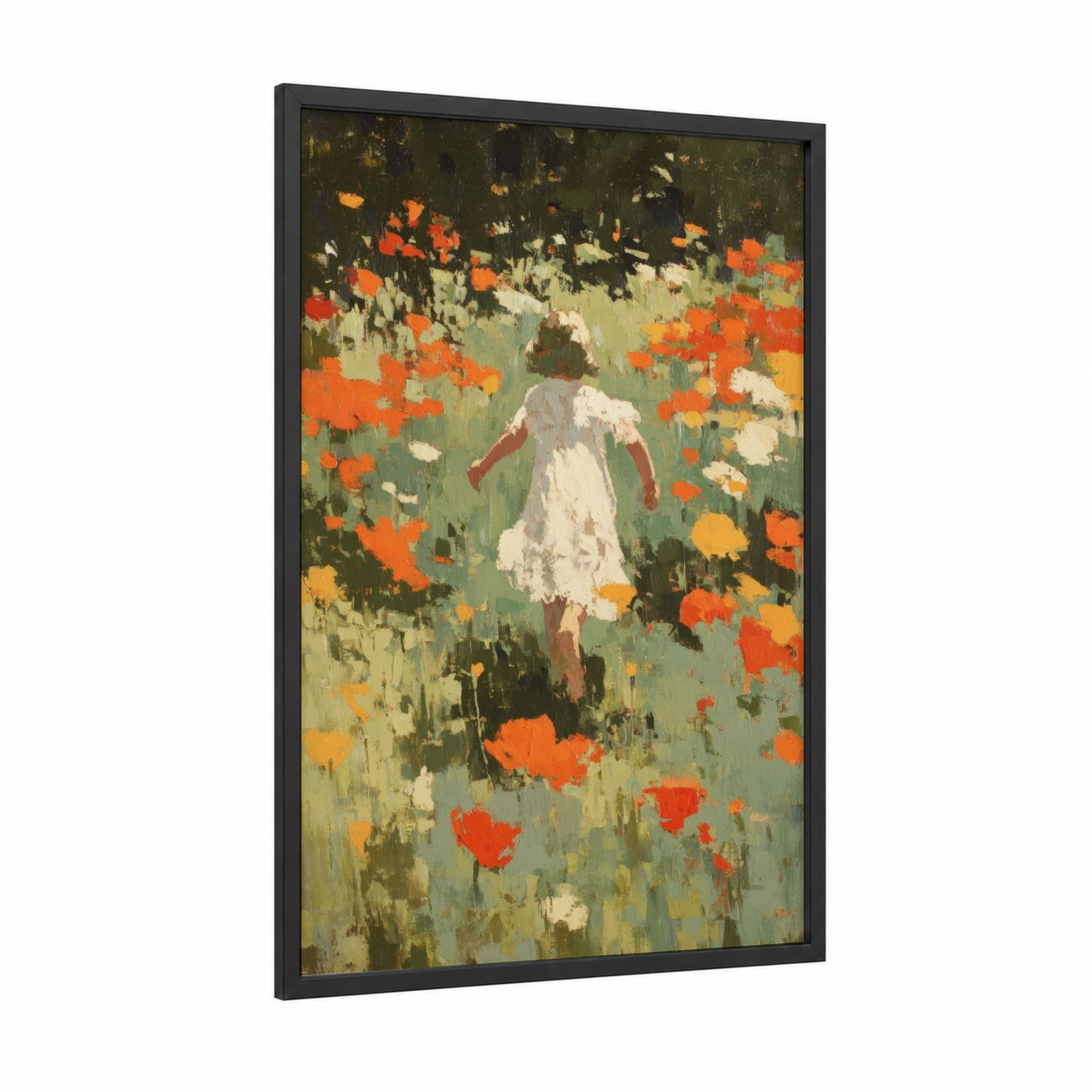 Wildflower Wonder framed art for girl print — black wood frame — orange and green palette