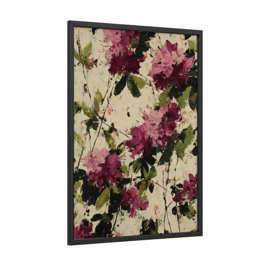 Magenta Rhododendron framed art print — black wood frame — magenta and green palette