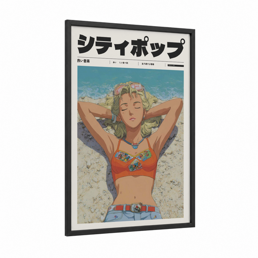 Beach Relaxation Anime framed anime and manga print — black wood frame — blue and peach palette